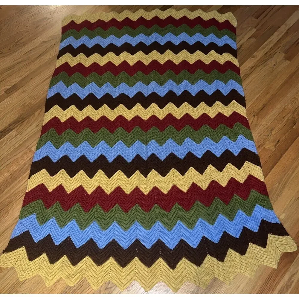 Vtg Handmade Retro Afghan Blanket Zig Zag Chevron Blue Green Yellow Red 77 X 52”